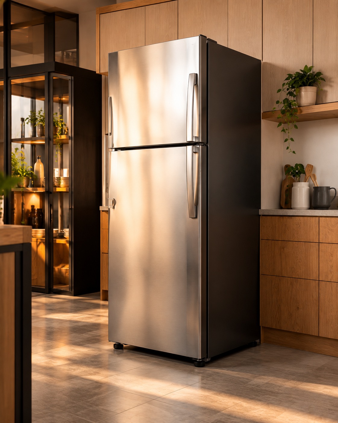 Fotografía de producto — refrigerador en cocina cálida