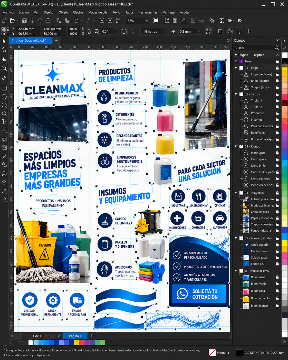 Tríptico Cleanmax: diseño de folleto comercial en proceso.