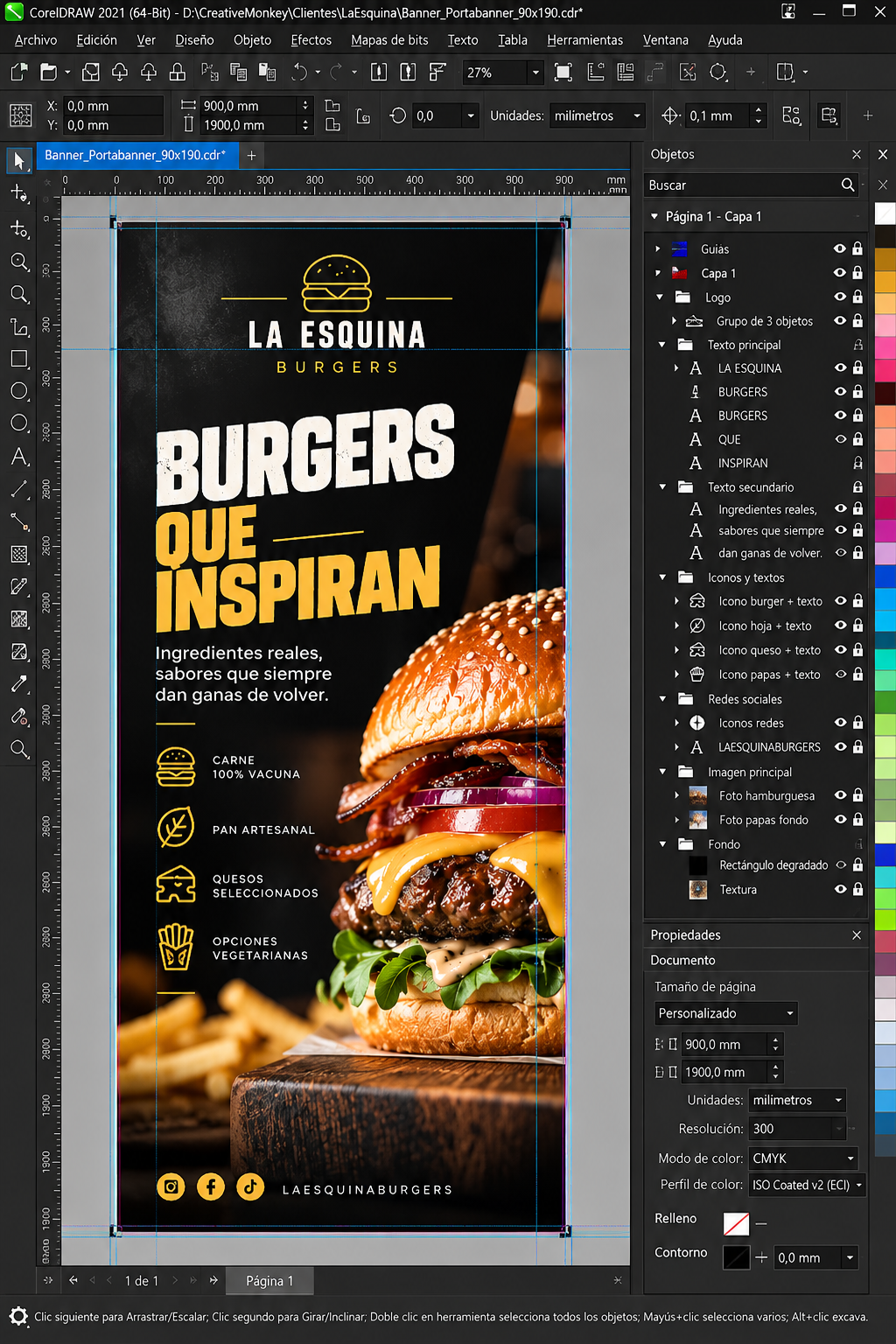 Banner de hamburguesas La Esquina: diseño en CorelDRAW.